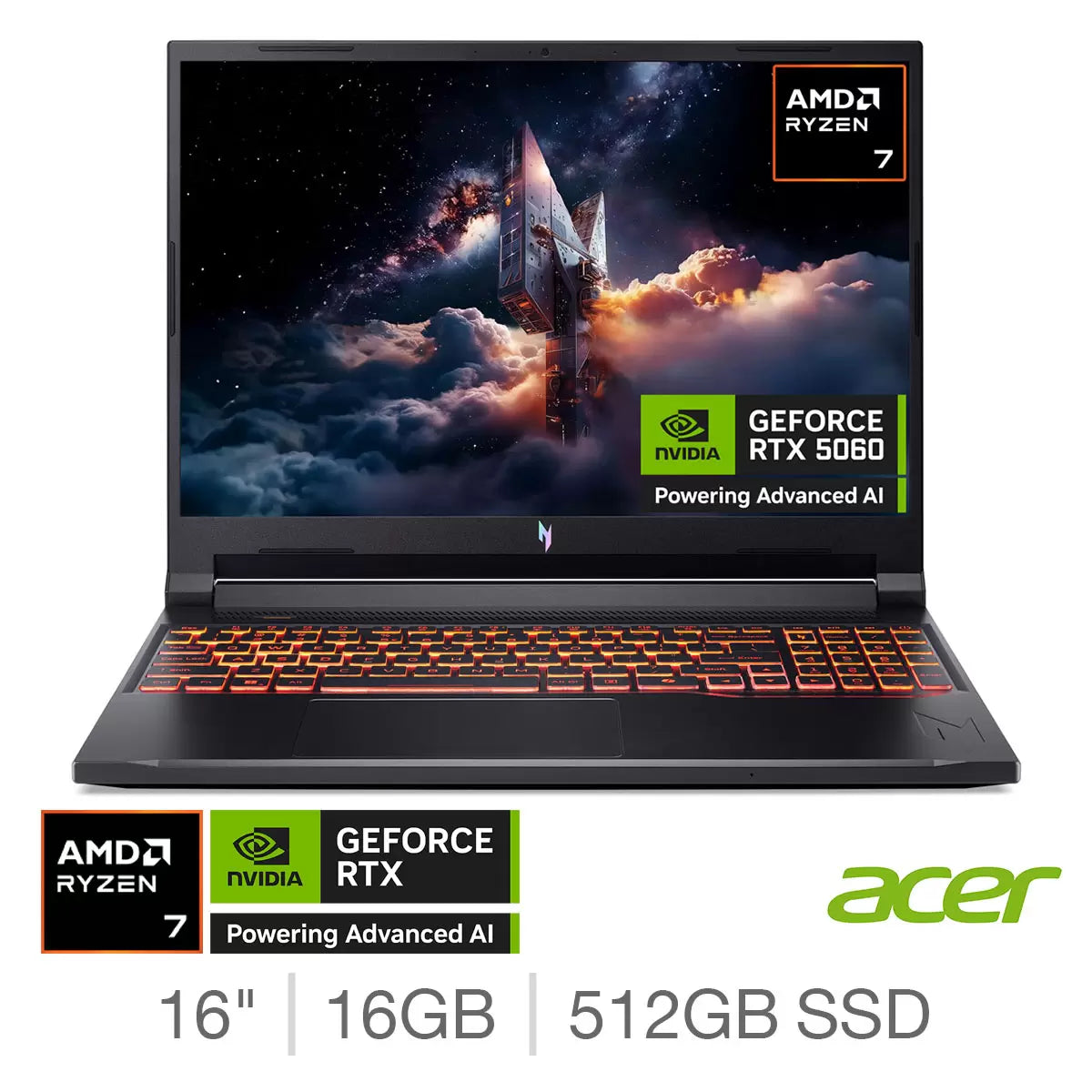 Acer Nitro V16 AI 16" Gaming Laptop | AMD Ryzen 7 260 | 16GB RAM | 512GB SSD | RTX 5060 | Windows 11