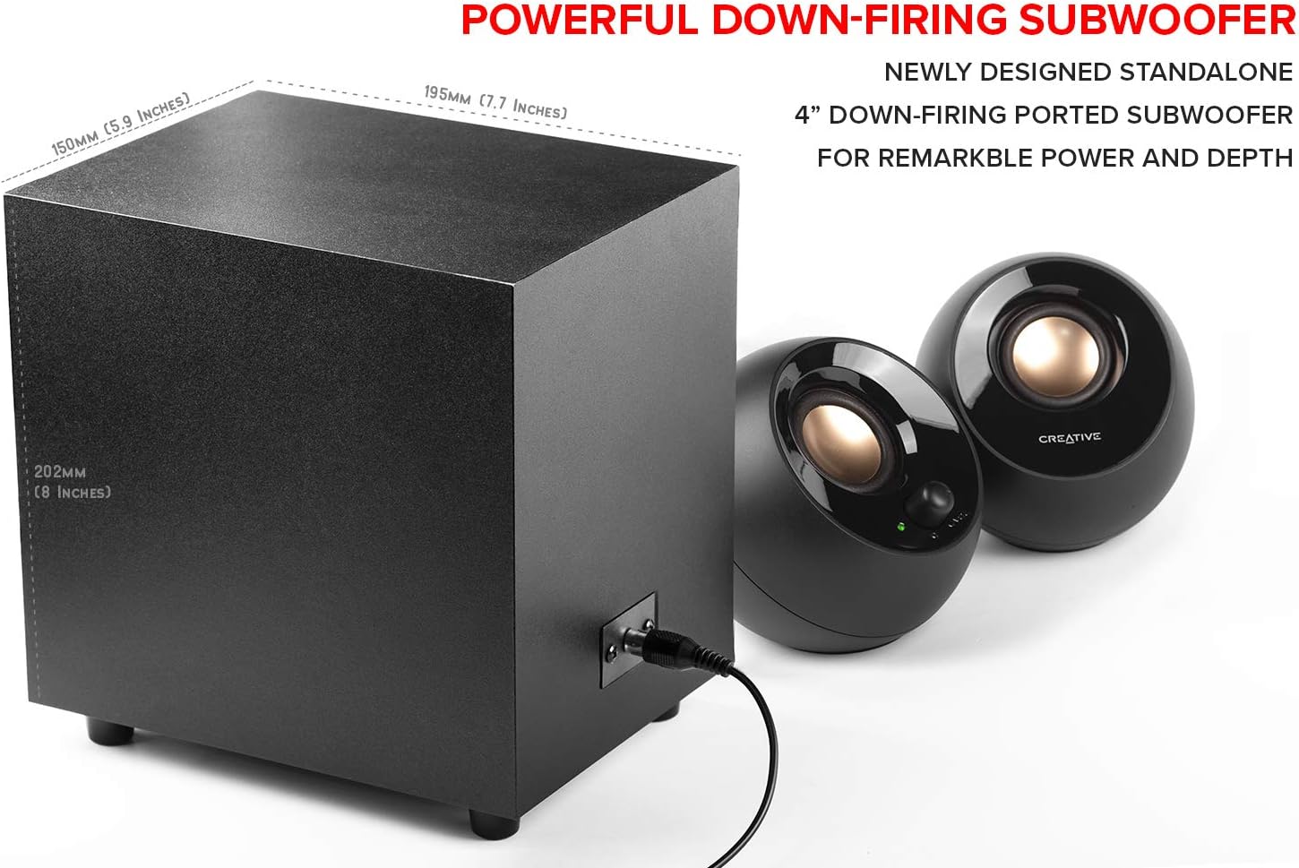 Black creative subwoofer and speakers with text highlighting features on a white background