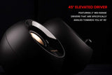 Speaker with 45-degree elevated driver on a dark background