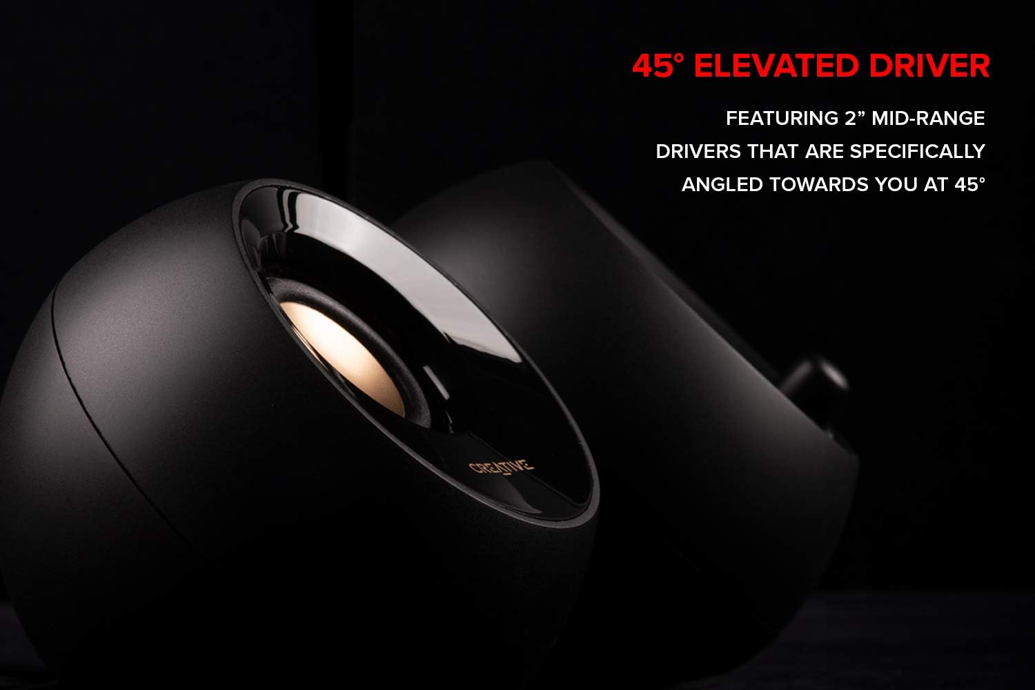 Speaker with 45-degree elevated driver on a dark background