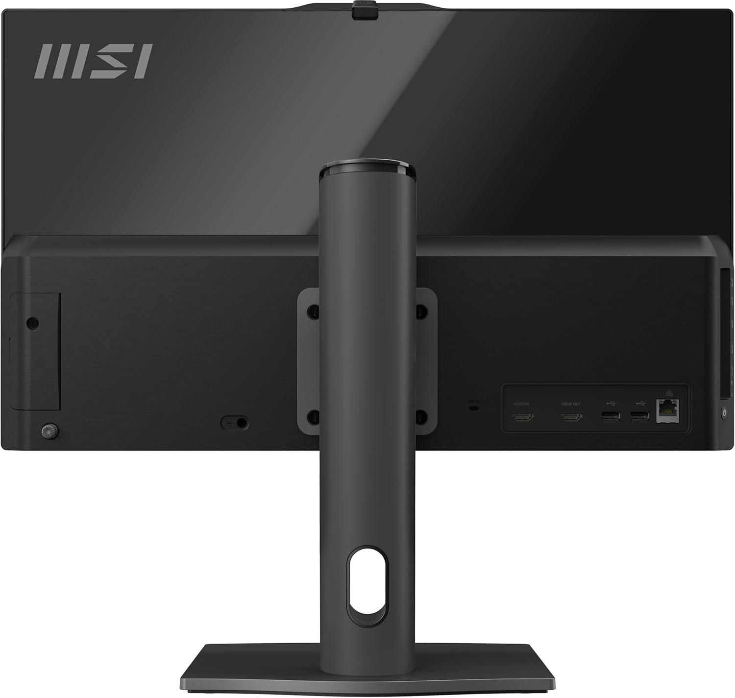 Back view of an MSI all in one PC with stand and ports on a white background